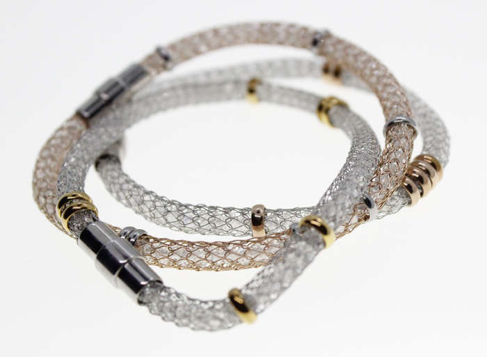 Bracelets - 2 Silver Tone, 1 Gold Tone Mesh Bracelets with Small Rings - ML2324