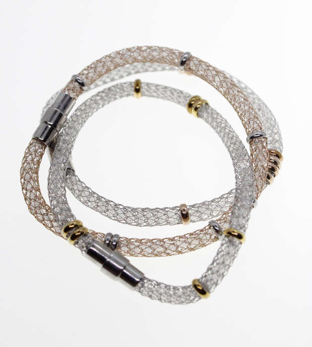 Bracelets - 2 Silver Tone, 1 Gold Tone Mesh Bracelets with Small Rings - ML2324