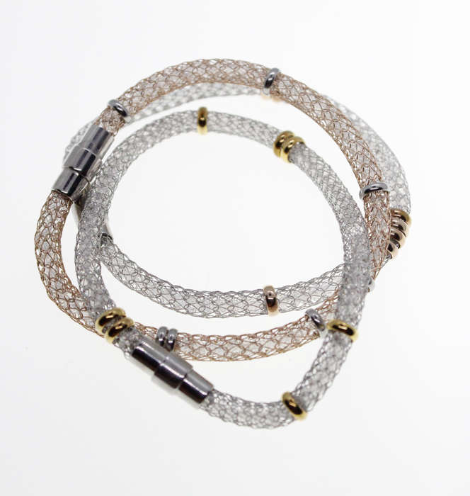 Bracelets - 2 Silver Tone, 1 Gold Tone Mesh Bracelets with Small Rings - ML2324