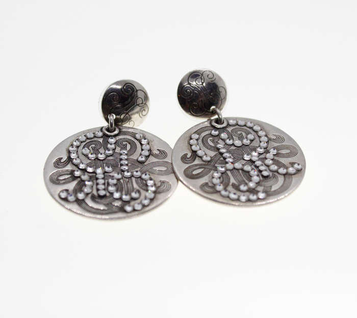 Earrings - Vintage Silver Tone Earrings with Studded Rhinestones, Stamped Gas Bijoux - ML2325