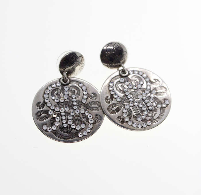 Earrings - Vintage Silver Tone Earrings with Studded Rhinestones, Stamped Gas Bijoux - ML2325
