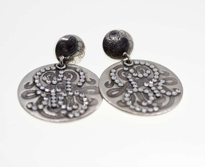 Earrings - Vintage Silver Tone Earrings with Studded Rhinestones, Stamped Gas Bijoux - ML2325