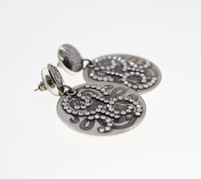 Earrings - Vintage Silver Tone Earrings with Studded Rhinestones, Stamped Gas Bijoux - ML2325