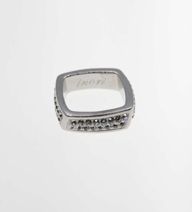 Ring - Fashion Silver Tone Rectangular Shape with Diamantes on a White base, Stamped Inori - ML2328