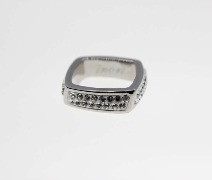 Ring - Fashion Silver Tone Rectangular Shape with Diamantes on a White base, Stamped Inori - ML2328