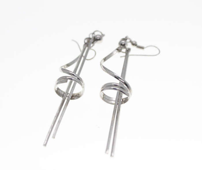 Earrings - Fashion Silver Tone Long Dangle Earrings with Swirl Design - ML2350