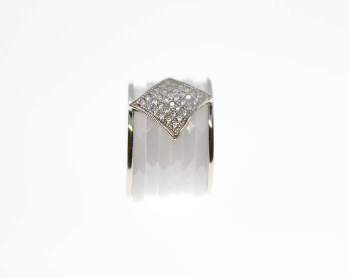 Ring - Fashion Silver Tone Triangular Ring, Diamantes with 6 Slip in White Bands - ML2366