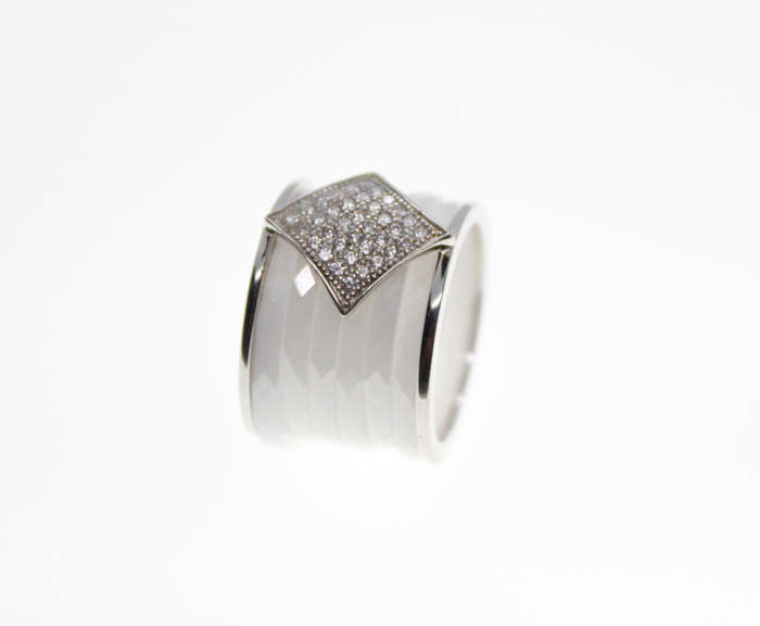 Ring - Fashion Silver Tone Triangular Ring, Diamantes with 6 Slip in White Bands - ML2366