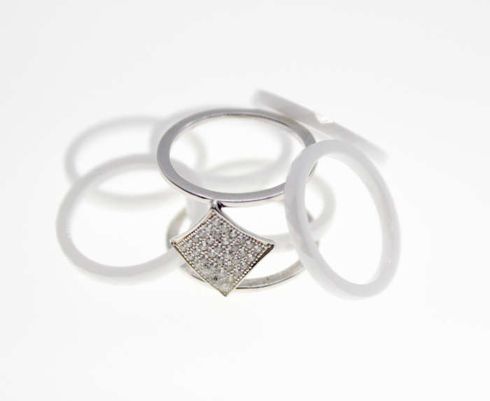 Ring - Fashion Silver Tone Triangular Ring, Diamantes with 6 Slip in White Bands - ML2366