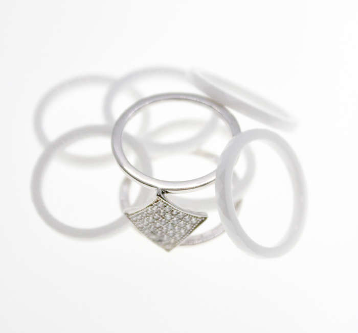 Ring - Fashion Silver Tone Triangular Ring, Diamantes with 6 Slip in White Bands - ML2366