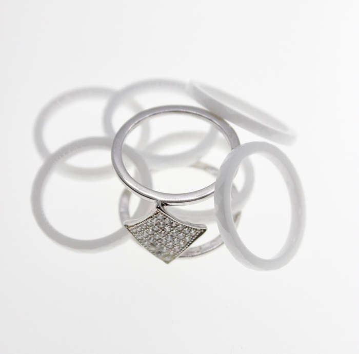 Ring - Fashion Silver Tone Triangular Ring, Diamantes with 6 Slip in White Bands - ML2366