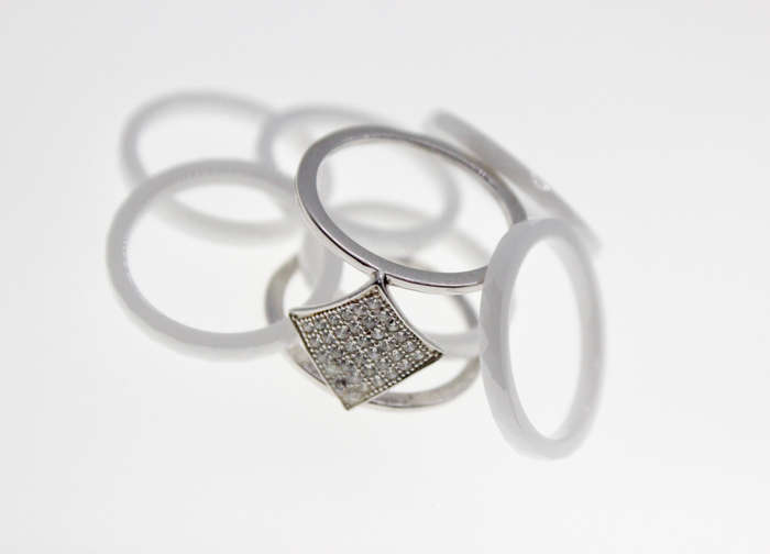 Ring - Fashion Silver Tone Triangular Ring, Diamantes with 6 Slip in White Bands - ML2366
