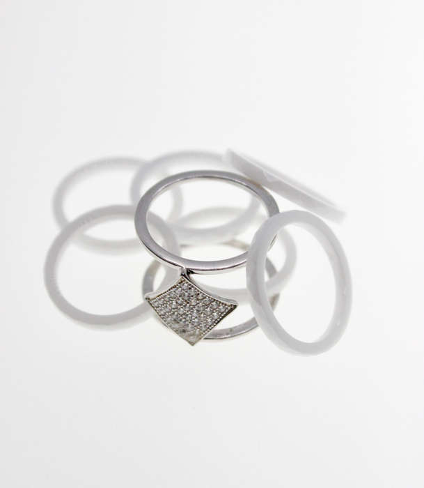 Ring - Fashion Silver Tone Triangular Ring, Diamantes with 6 Slip in White Bands - ML2366