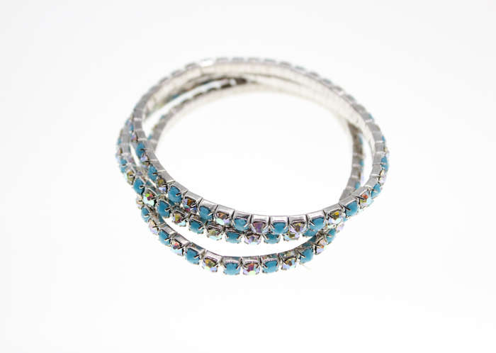 Bracelet - Fashion Silver Tone Stretch x 3 Blue Stones and Diamantes - ML2377