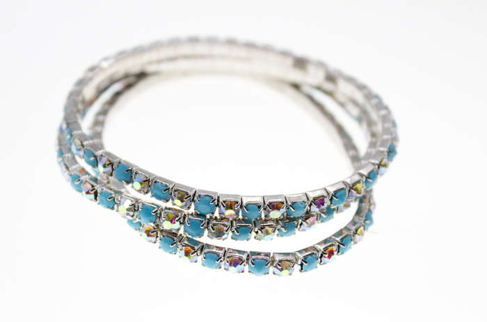 Bracelet - Fashion Silver Tone Stretch x 3 Blue Stones and Diamantes - ML2377