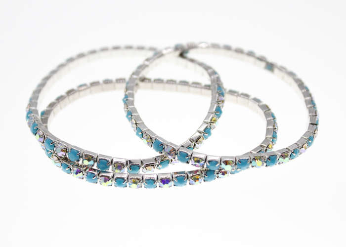 Bracelet - Fashion Silver Tone Stretch x 3 Blue Stones and Diamantes - ML2377