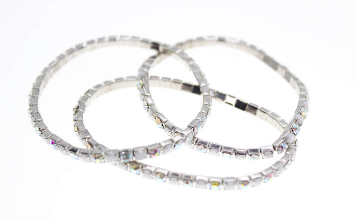 Bracelet - Fashion Silver Tone 3 x Elasticised Multicoloured Rhinestones - ML2385