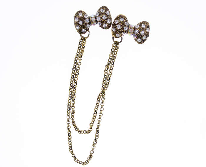 Brooch - Vintage Gold Tone Chain Brooch Bows with Diamantes on either side of Chain - ML2392
