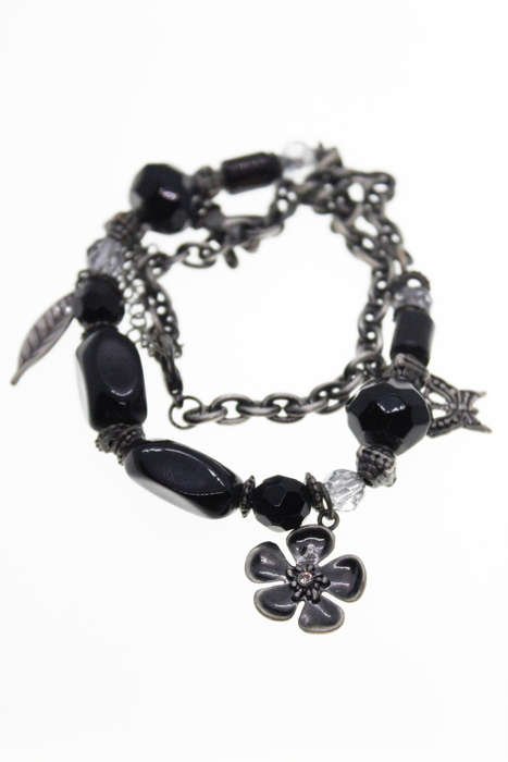 Necklace - Vintage Silver Tone  Black Beads and Silver Charms - ML2415