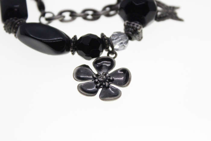 Necklace - Vintage Silver Tone  Black Beads and Silver Charms - ML2415