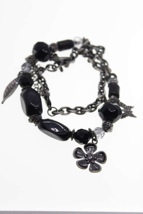 Necklace - Vintage Silver Tone  Black Beads and Silver Charms - ML2415