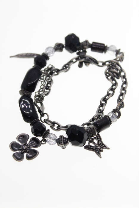 Necklace - Vintage Silver Tone  Black Beads and Silver Charms - ML2415