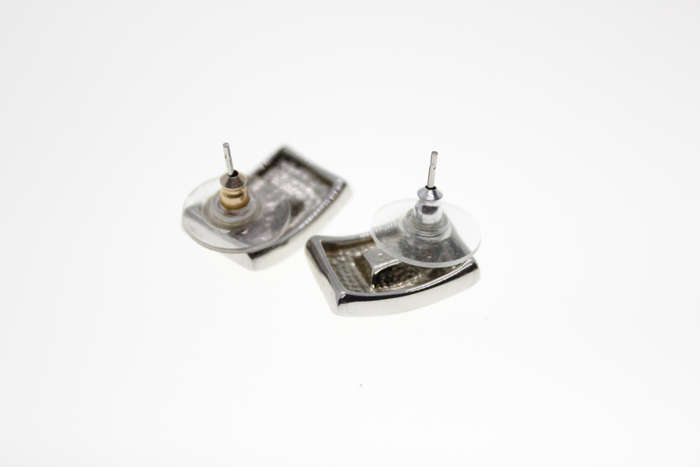 Earrings - Vintage Silver Tone Rectangular Shape Earrings with Centre Square Diamante - ML2428