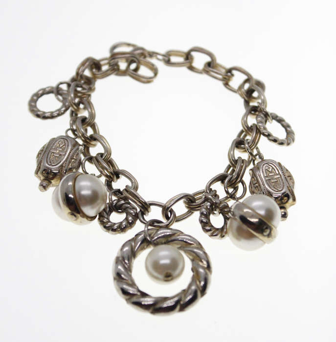 Bracelet - Vintage Silver tone Bracelet with Faux Pearls and Charms - ML2435