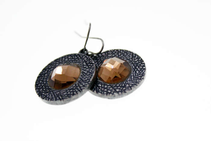 Earrings -  Vintage Engraved Design Metal Tone with large Brown  Diamante for Pierced Ears - ML2441