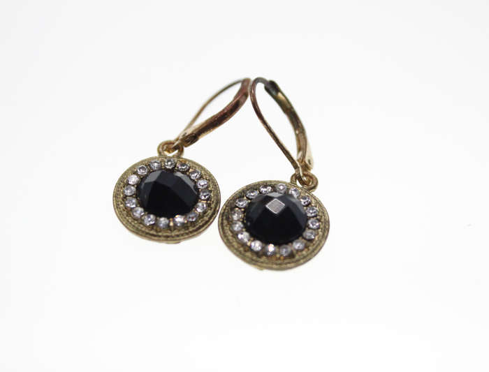 Earrings - Vintage Circular Earrings with Large Black Stone surrounded by Diamantes - ML2444