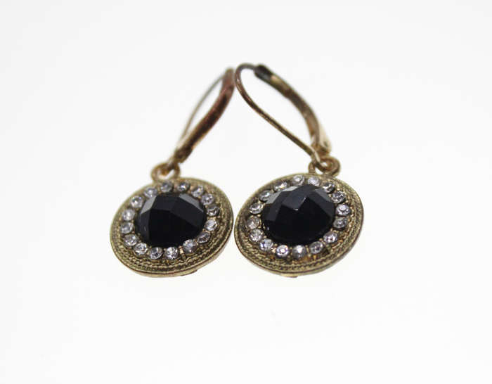 Earrings - Vintage Circular Earrings with Large Black Stone surrounded by Diamantes - ML2444