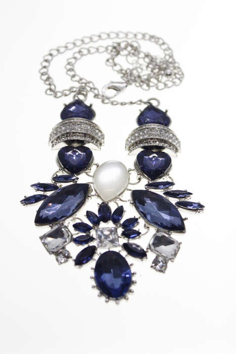 Necklace - Vintage Silver Tone Butterfly Style with Blue and Clear Stones - ML2456