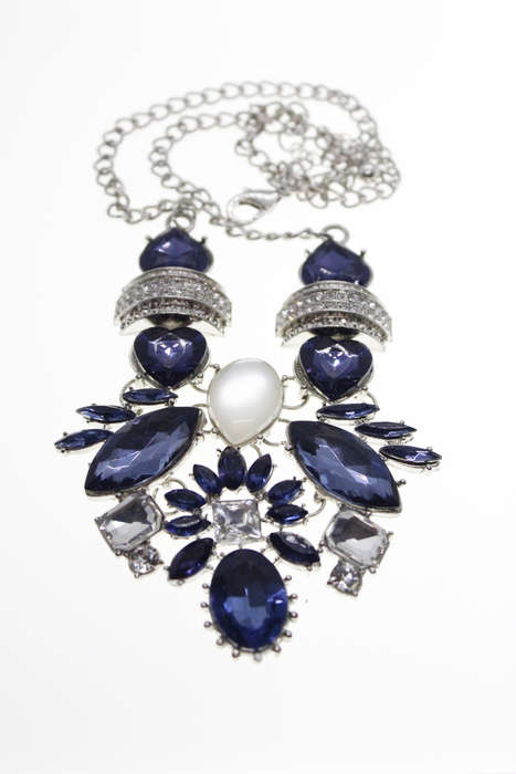 Necklace - Vintage Silver Tone Butterfly Style with Blue and Clear Stones - ML2456