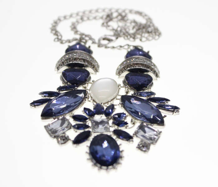 Necklace - Vintage Silver Tone Butterfly Style with Blue and Clear Stones - ML2456