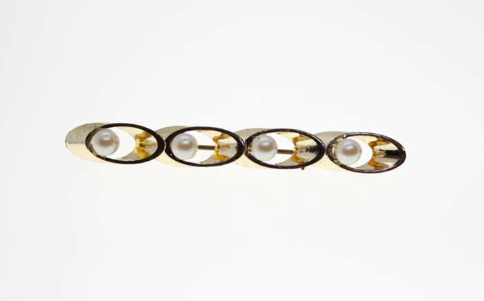 Brooch - Gold Tone Vintage Canoe Shape Brooch 4 with Faux Pearls - ML2482