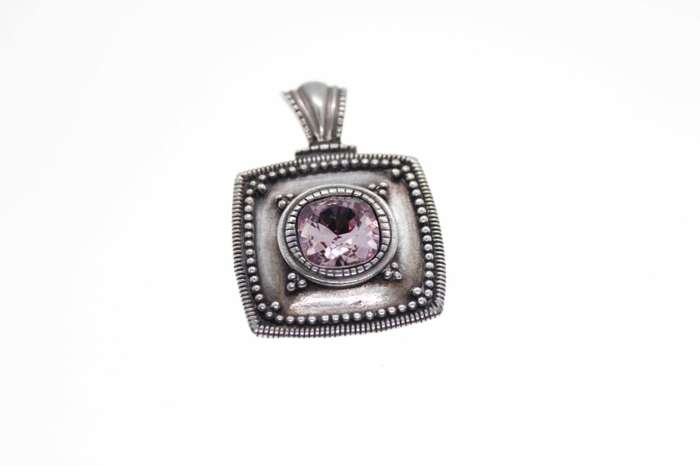Pendant -  Vintage Silver Tone with Marcasite Design with Pink Stone in Centre - ML2498
