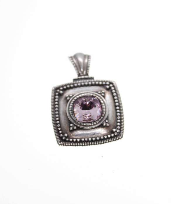 Pendant -  Vintage Silver Tone with Marcasite Design with Pink Stone in Centre - ML2498