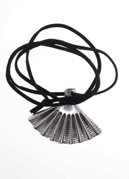 Pendant - Silver Tone Vintage Fan Pendant hanging on a Black Leather Thong - ML2506