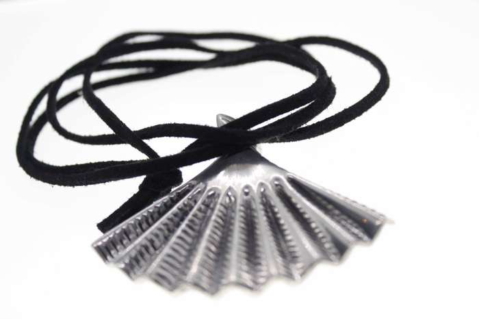 Pendant - Silver Tone Vintage Fan Pendant hanging on a Black Leather Thong - ML2506