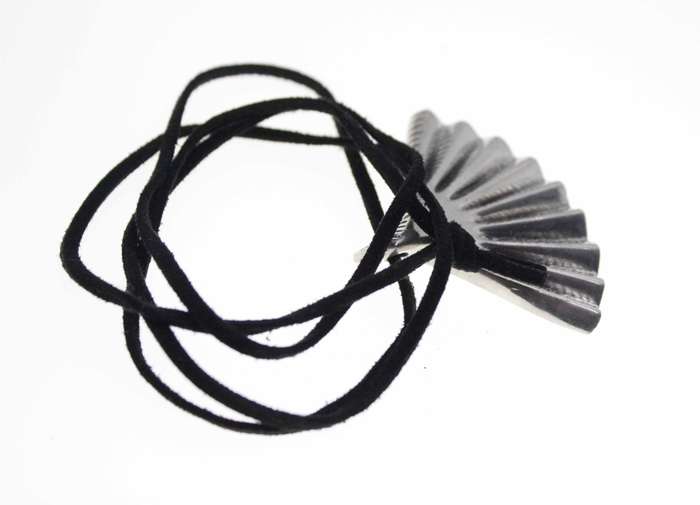 Pendant - Silver Tone Vintage Fan Pendant hanging on a Black Leather Thong - ML2506