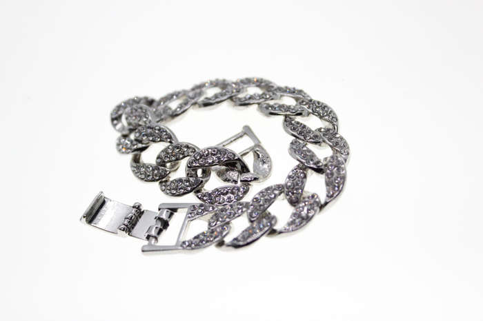 Bracelet - Fashion Silver Tone Figaro Link Style Bracelet with Diamante Stones - ML2513