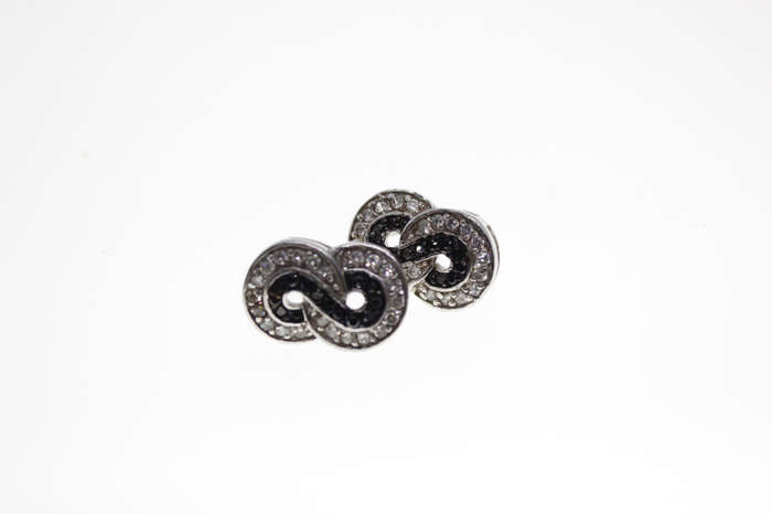 Earrings - Silver Tone Figure of 8 Style with Black and Clear Diamantes - ML2527