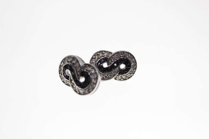 Earrings - Silver Tone Figure of 8 Style with Black and Clear Diamantes - ML2527