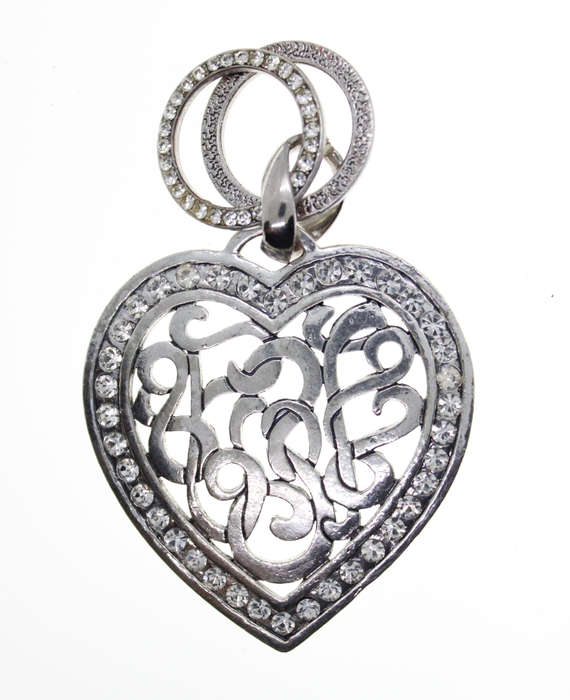 Pendant - Silver Tone Heart with Filigree and Diamante Design with 2 Circles - ML2531