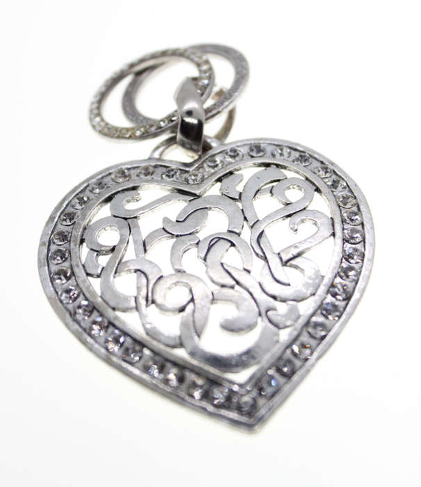 Pendant - Silver Tone Heart with Filigree and Diamante Design with 2 Circles - ML2531