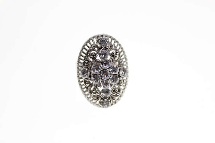 Ring - Vintage Silver Tone Diamante Ring with Filigree and Marcasite Design - ML2542