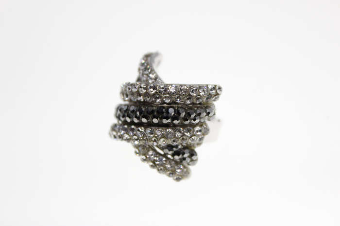 Ring - Fashion Silver Tone Layered Ring with Clear and Charcoal Diamantes - ML2545
