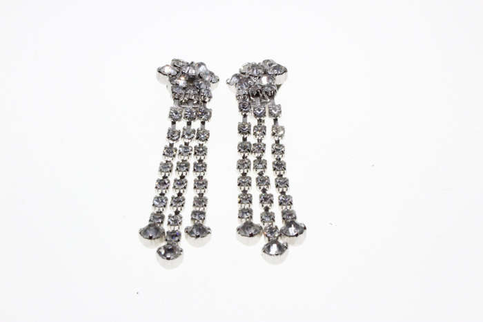 Earrings - A bit of Bling. Vintage Diamante Flower with 3 Strands Diamante Dangly Clip on Earring...