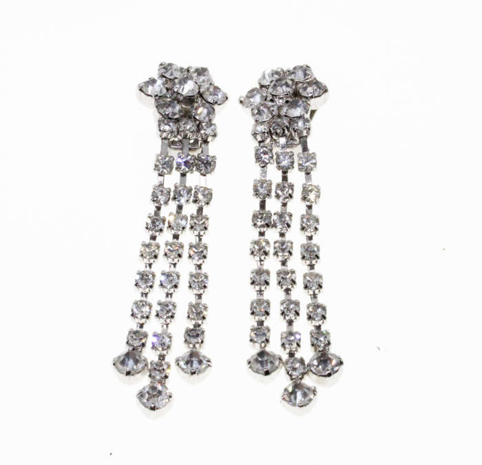 Earrings - A bit of Bling. Vintage Diamante Flower with 3 Strands Diamante Dangly Clip on Earring...