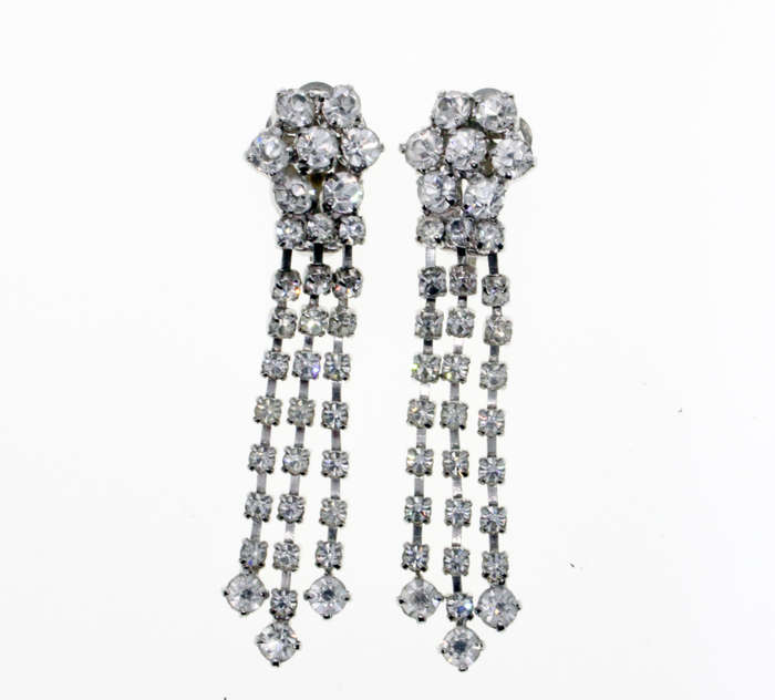 Earrings - A bit of Bling. Vintage Diamante Flower with 3 Strands Diamante Dangly Clip on Earring...